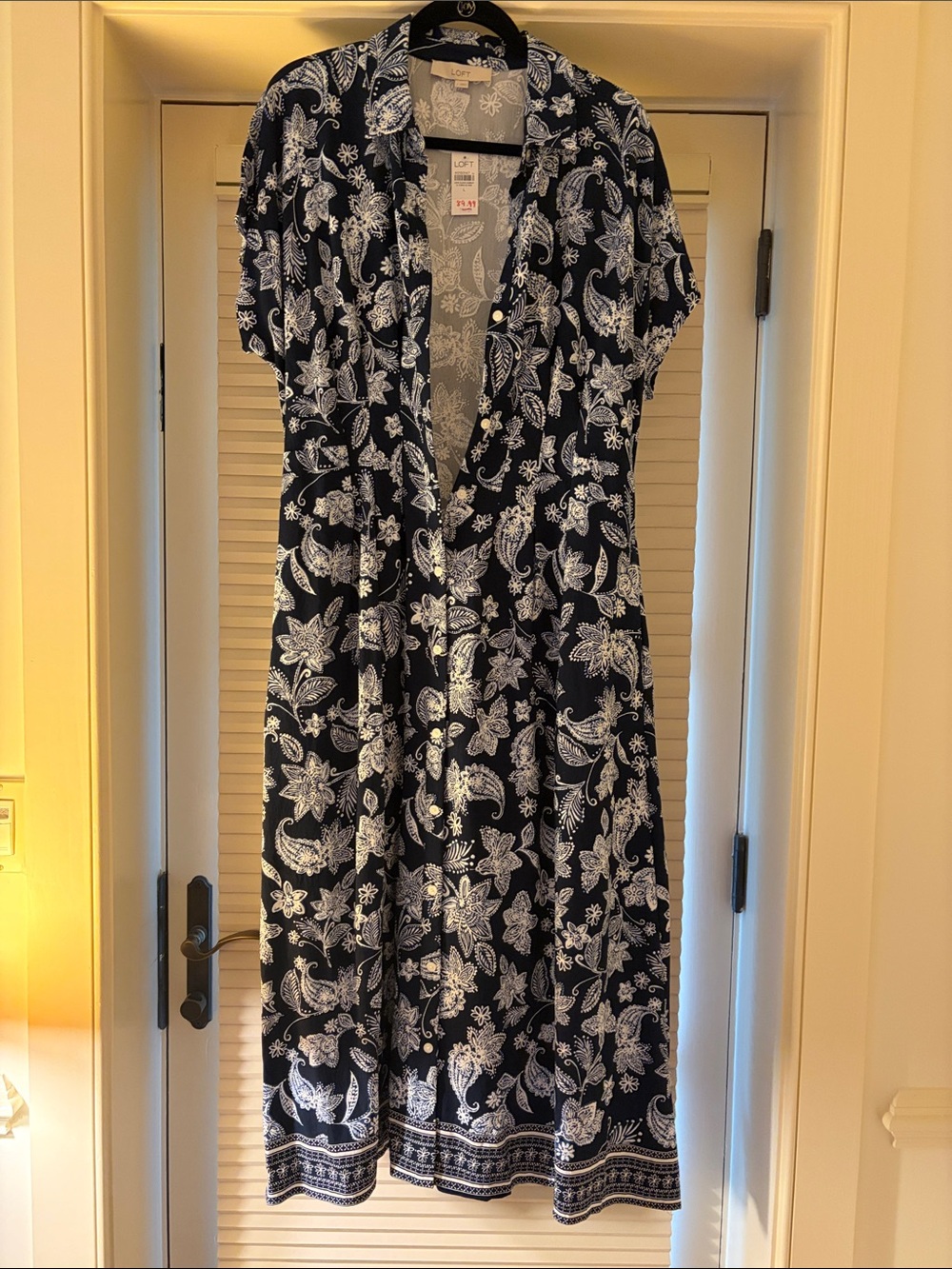 LOFT Navy and White Paisley Midi Shirt Dress